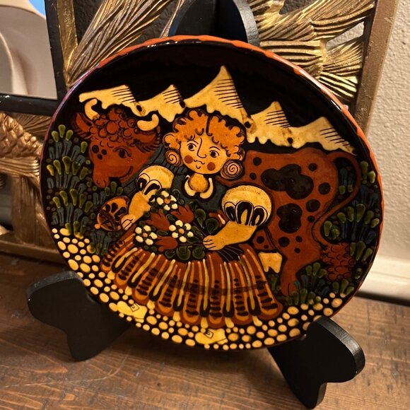 Hand-Painted Swiss Reber Pottery Wall Plate With Girl And Cow - Picture 5 of 6